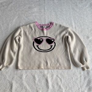 Dee Elly Smiley Face Crew Neck Sweater - Cream and Pink Sz L